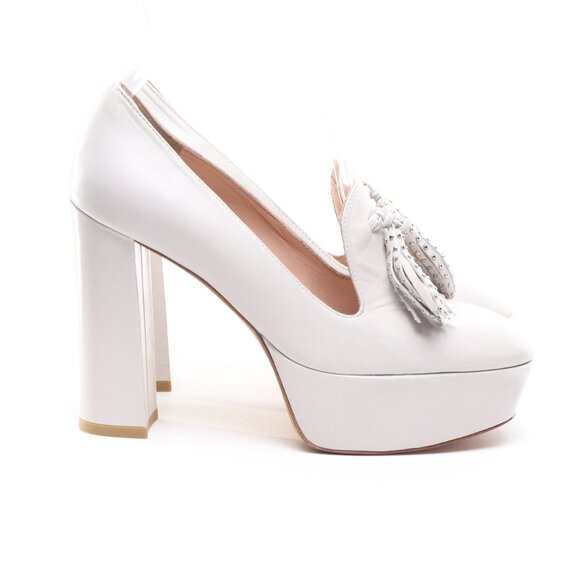 Stuart Weitzman Sky-High Tassel Heels Leather Platforms Women 6 White/Silver - Picture 3 of 16